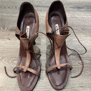 Manolo Blahnik Croc-Embossed Brown Heels